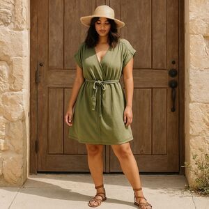 H&M Linen Blend Dress Women’s XS Olive Green Belted Beachy‎ Coastal Casual